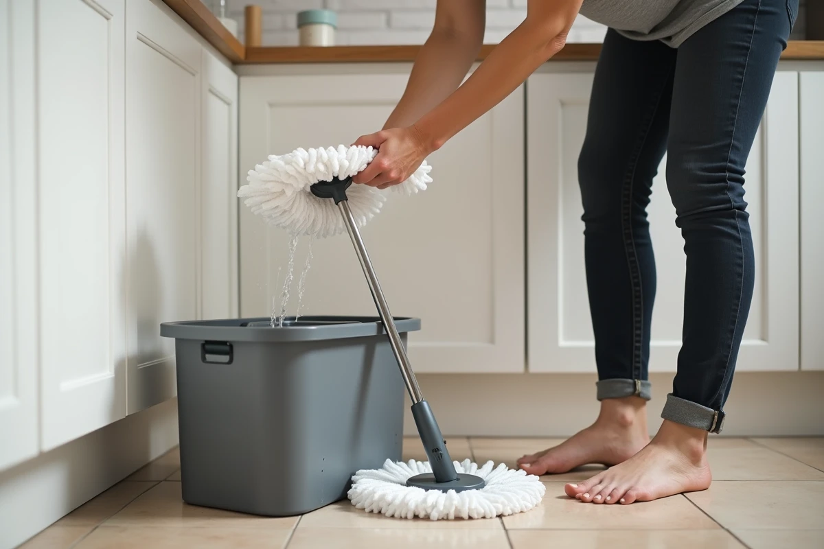Femme utilisant une serpillière essoreuse avec seau compact sur carrelage de cuisine