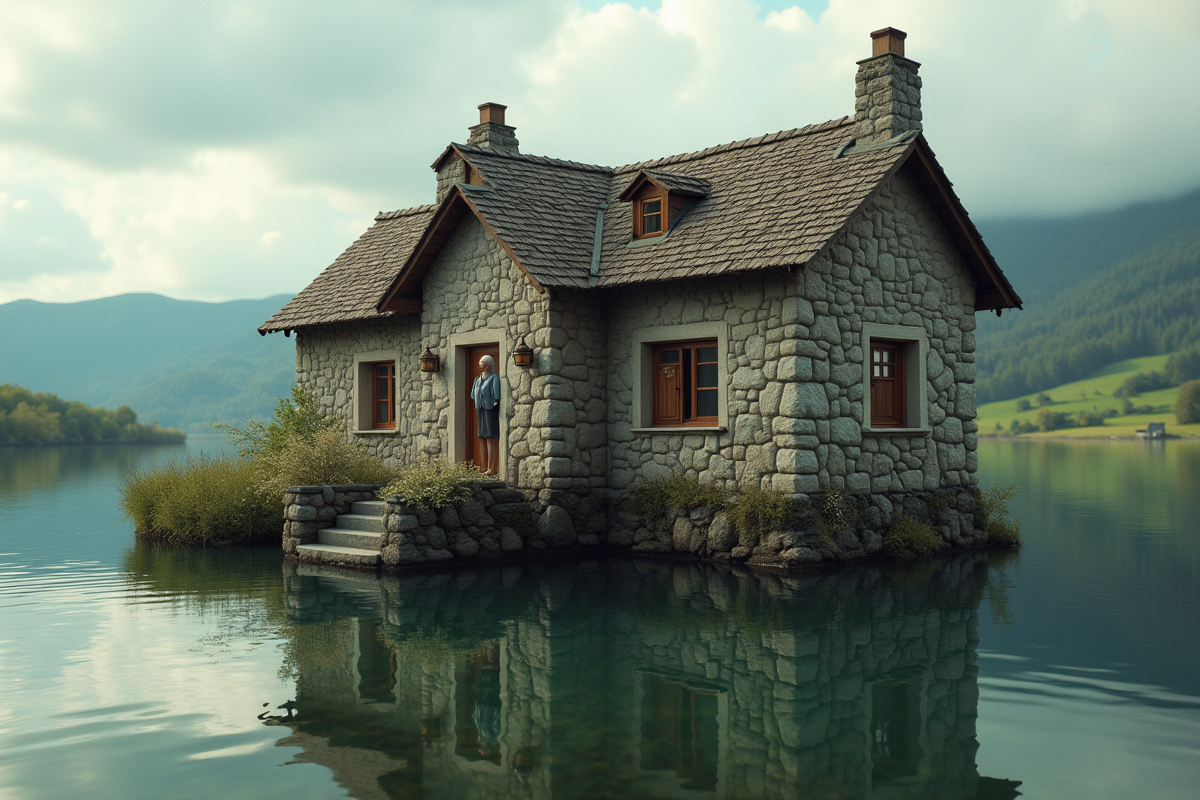 Femme souriante regardant maison flottante au-dessus du lac