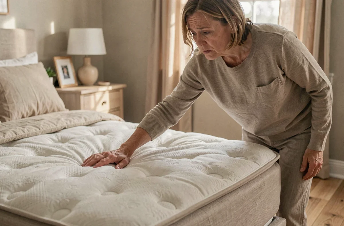 Femme testant la fermeté d'un vieux matelas en appuyant dessus pour vérifier les signes d'usure et de déformation
