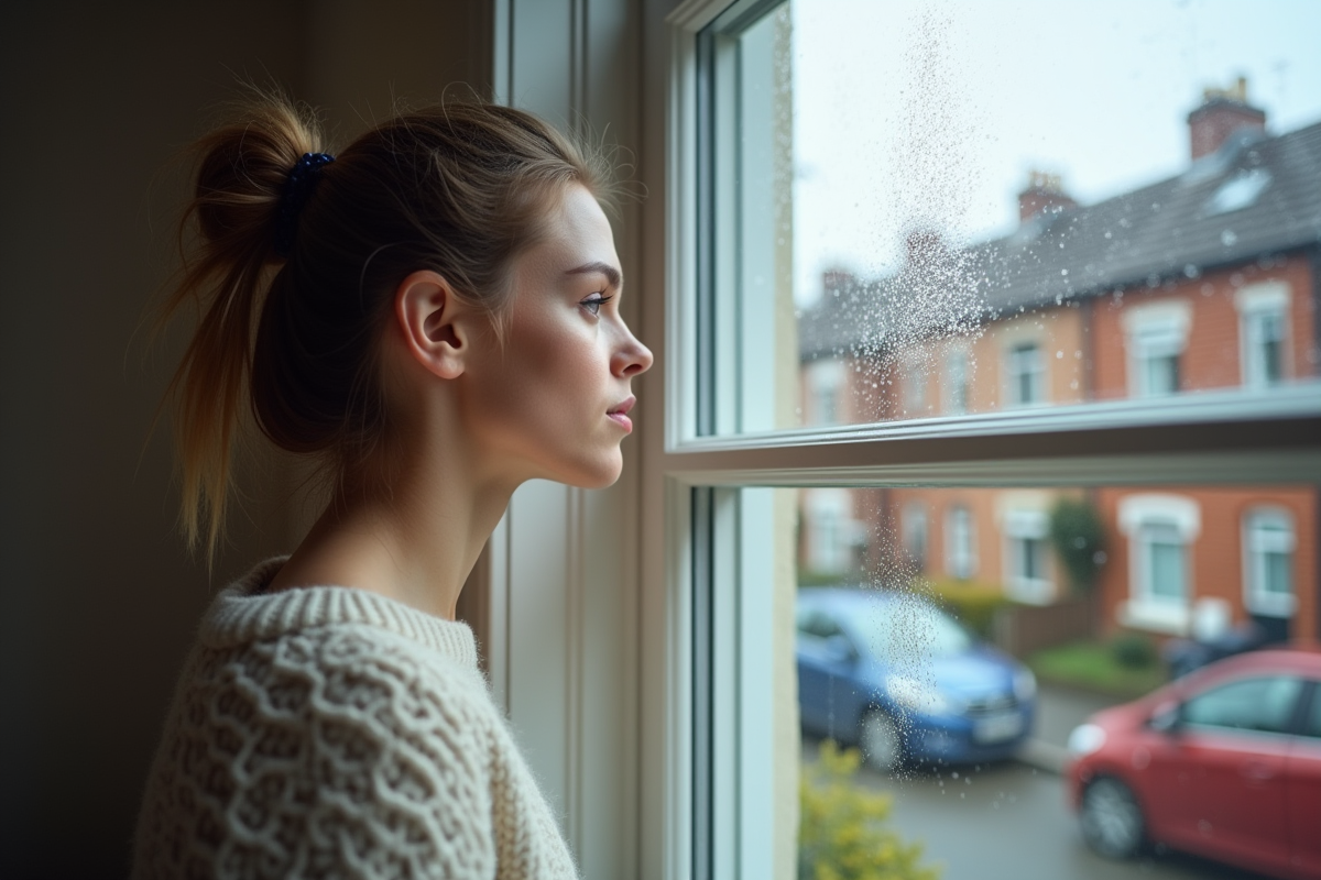 Jeune femme observant la condensation sur une grande fenêtre extérieurement