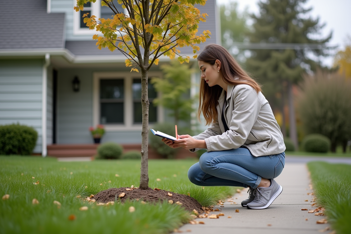 Femme vérifiant la position d’un arbre dans la cour