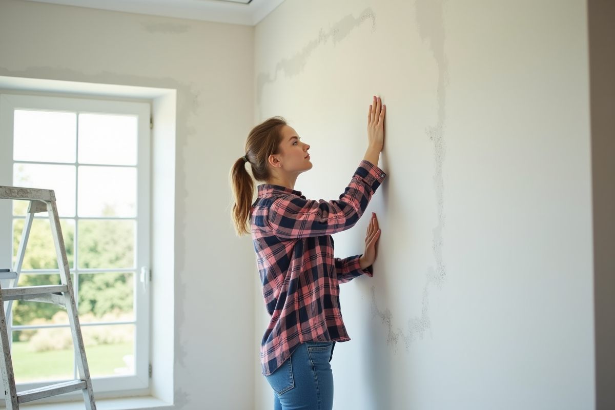 Jeune femme inspectant un mur blanc après ponçage dans une pièce lumineuse