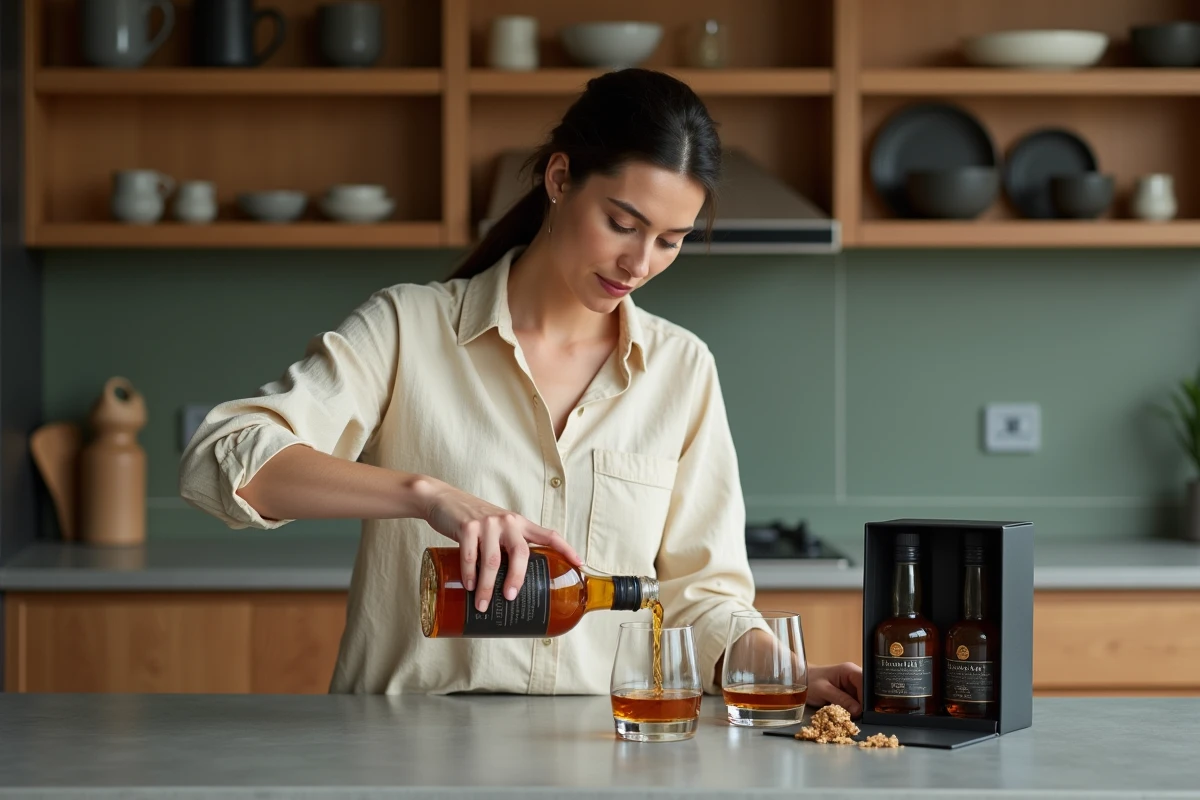 Femme versant du whisky d'un coffret cadeau sur un comptoir de cuisine moderne avec des verres en cristal