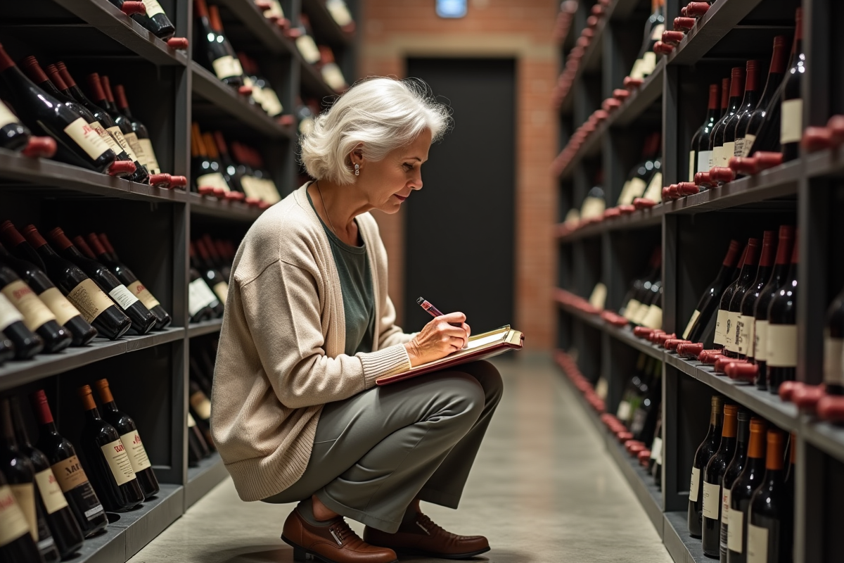 Femme âgée notant dans un carnet à côté de bouteilles de vin vintage