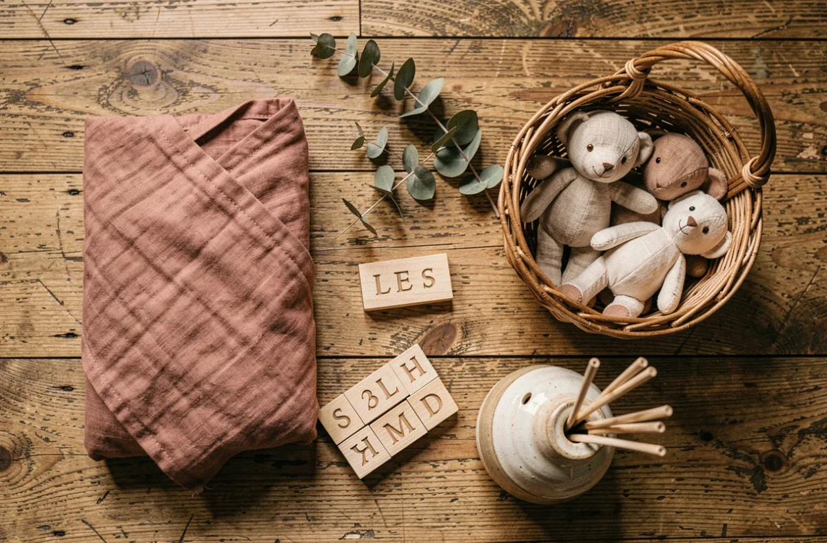 Flat lay de décoration chambre bébé bohème avec lange en coton biologique, jouets en bois, panier en osier et herbes séchées sur parquet en chêne