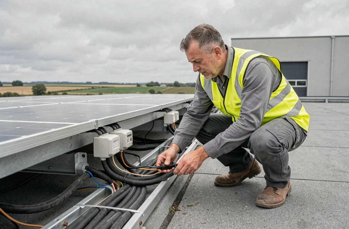 Électricien de FM Electricité et Solaire raccordant le câblage électrique sous des panneaux solaires sur un toit commercial