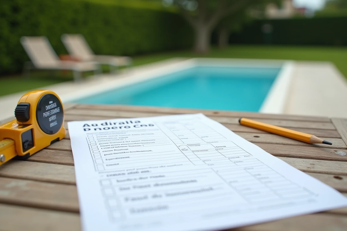 Formulaire de déclaration fiscale piscine hors sol posé sur une table de jardin avec mètre ruban et stylo
