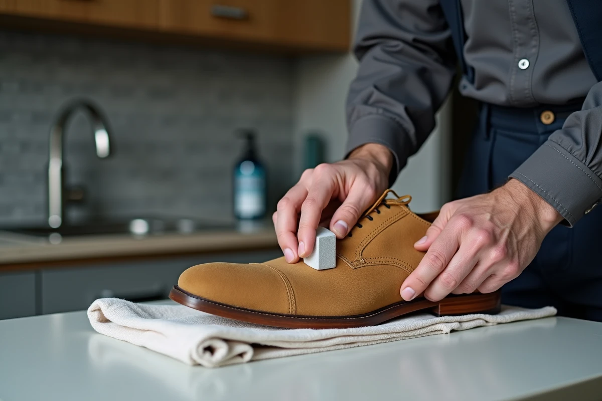 Homme utilisant une gomme à nubuck sur une chaussure derby en daim beige après humidification légère, lors d'un entretien à domicile
