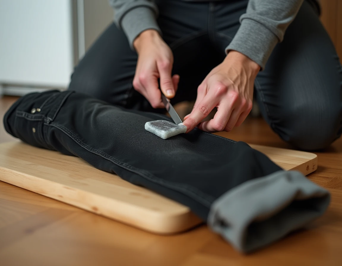 Homme grattant du chewing gum congelé sur un jean noir avec un couteau à beurre