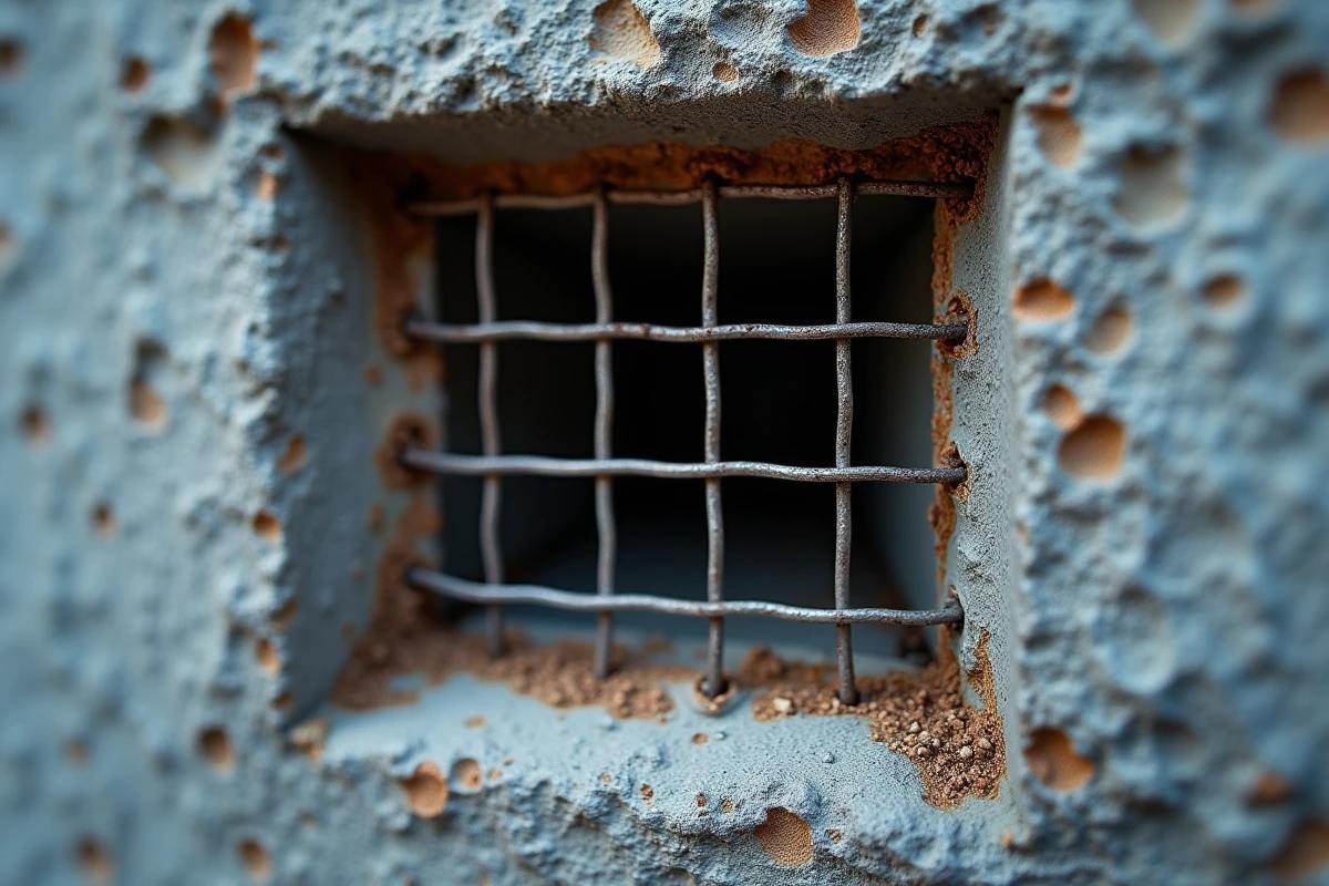 Gros plan sur un grillage galvanisé de protection et d'aération fixé sur une ouverture de ventilation en béton