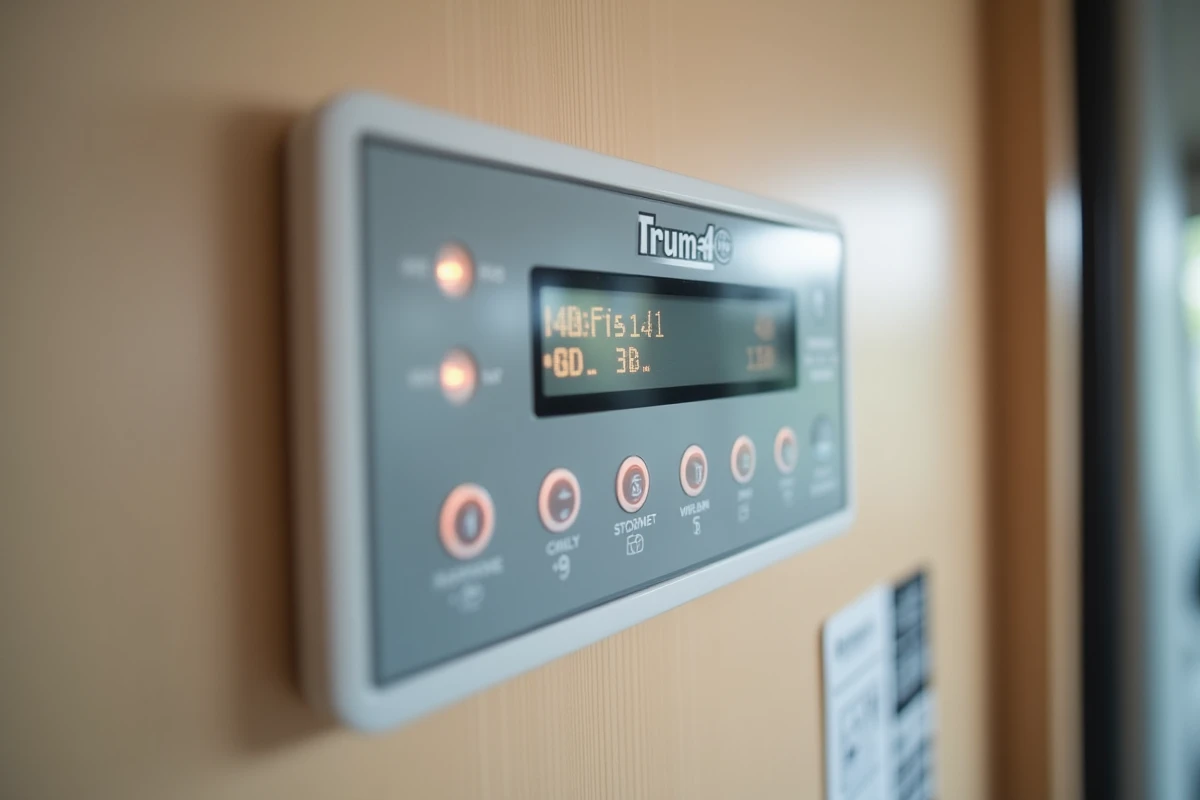 Gros plan sur l'affichage d'un code erreur sur le panneau de contrôle du chauffage Truma Combi 4 dans un van aménagé