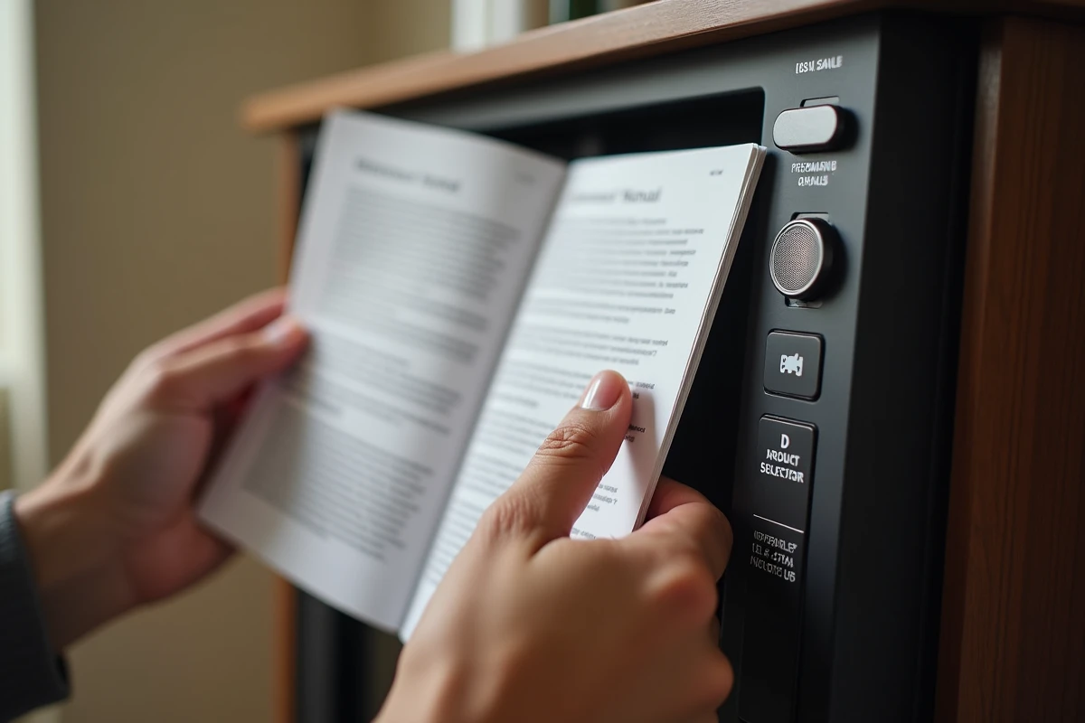 Gros plan sur le panneau de commande et l'étiquette de sécurité d'un feu électrique lors d'une vérification avant achat