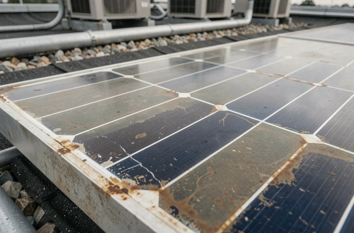 Gros plan sur un panneau solaire dégradé montrant des micro-fissures et une délamination après plusieurs années d'utilisation
