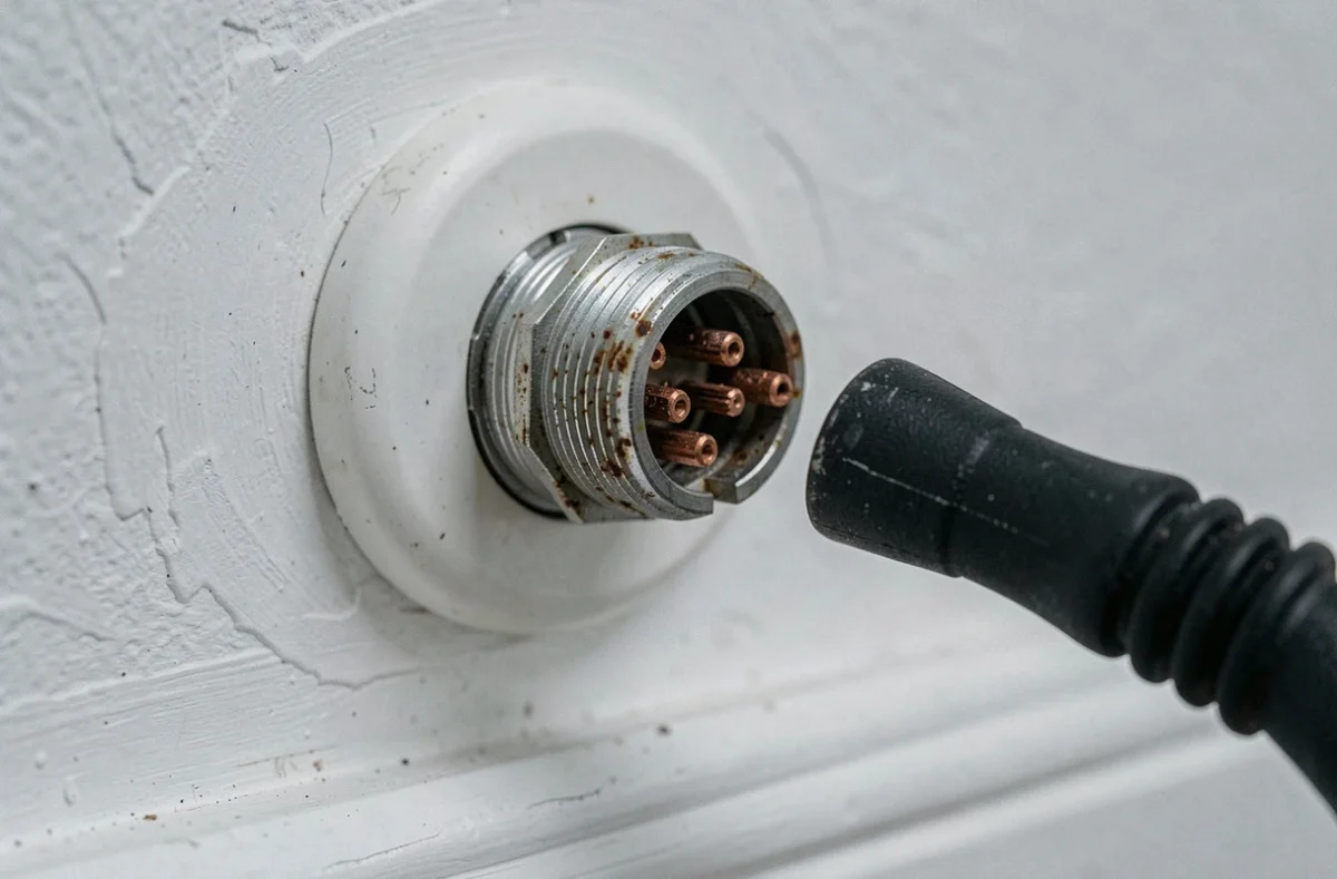 Gros plan sur une prise coaxiale murale avec connecteur oxydé et câble dévissé