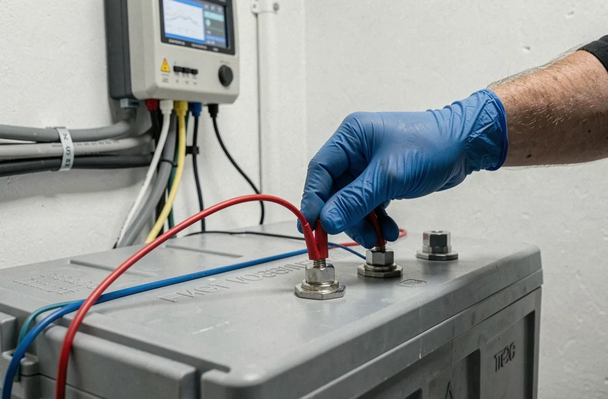 Gros plan sur des mains testant les bornes d'une batterie solaire à cycle profond avec un analyseur de batterie