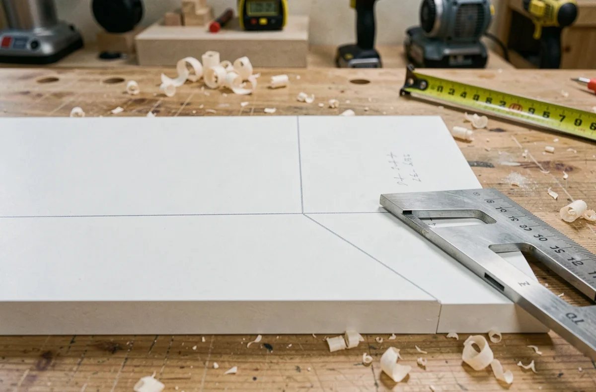 Gros plan sur le tracé d'un angle à 45 degrés sur une plinthe MDF blanche avec équerre métallique