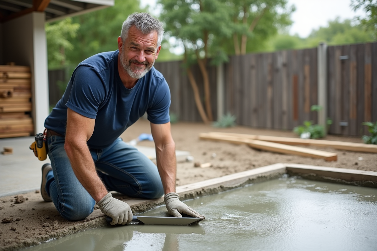 Hommes en jeans travaillant sur une dalle de béton extérieure