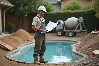Homme en overalls avec plan et calculatrice près d'une piscine en construction