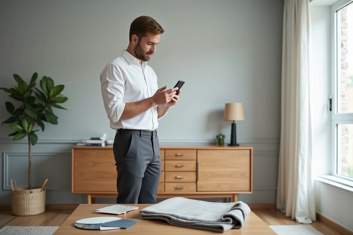 Homme comparant des échantillons de décoration avec une application sur smartphone dans un salon moderne et minimaliste