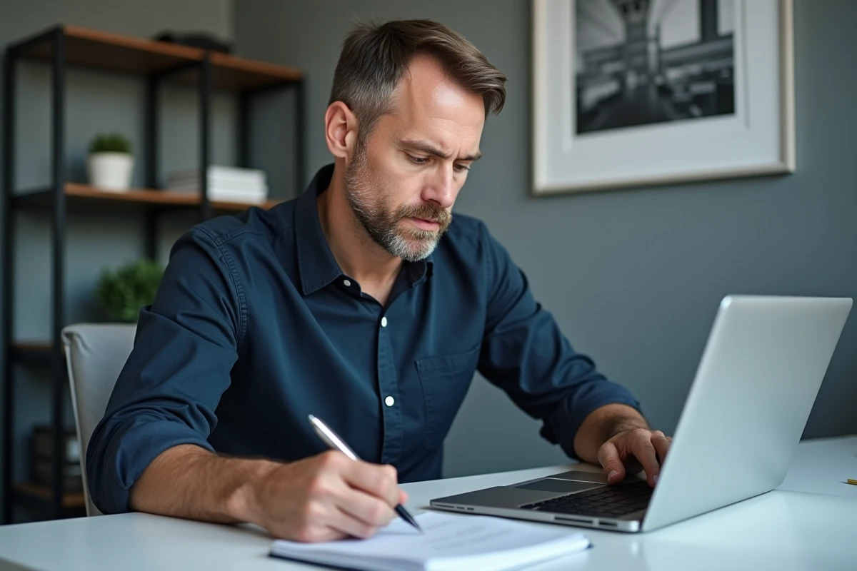 Homme comparant les offres et tarifs d'abonnement d'une application immobilière sur ordinateur portable au bureau