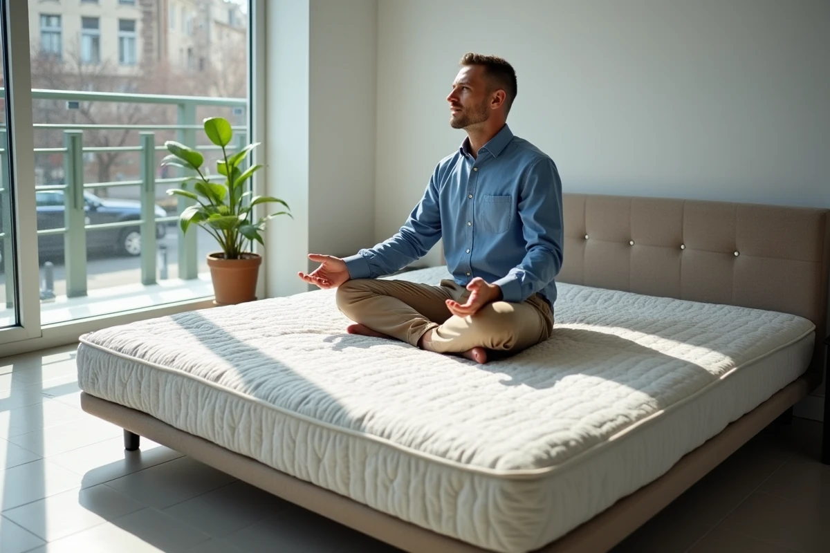 Homme comparant différentes housses de matelassé sur un canapé