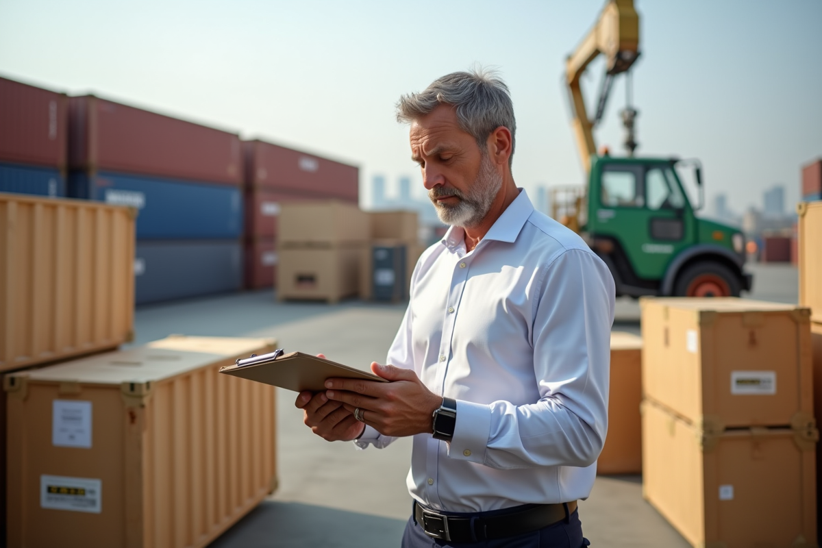 Homme vérifiant des colis dans un dépôt de déménagement international