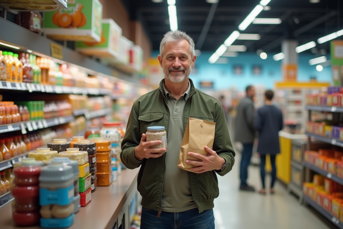 Homme avec emballages au supermarché en weekend