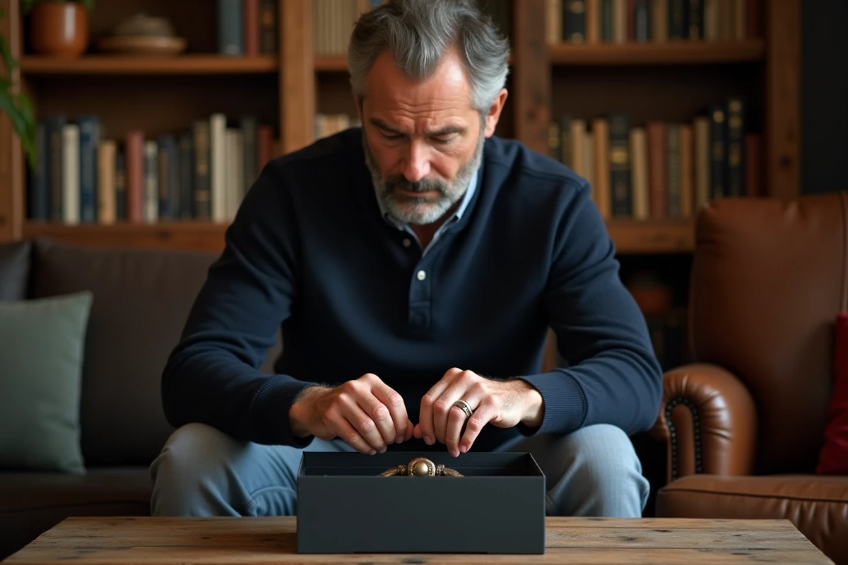 Homme déballant un coffret cadeau whisky sur une table basse en bois dans un salon cosy et chaleureux