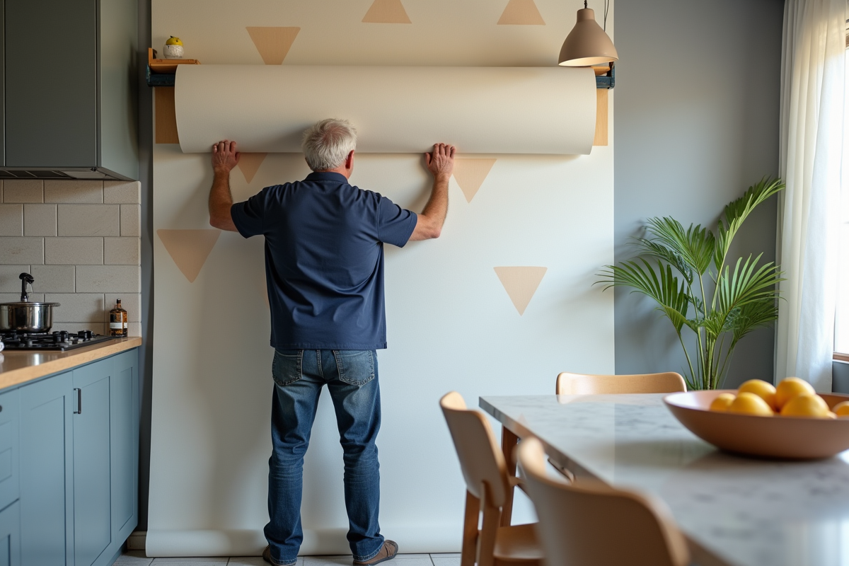 Homme déployant un grand mural géométrique dans une cuisine moderne