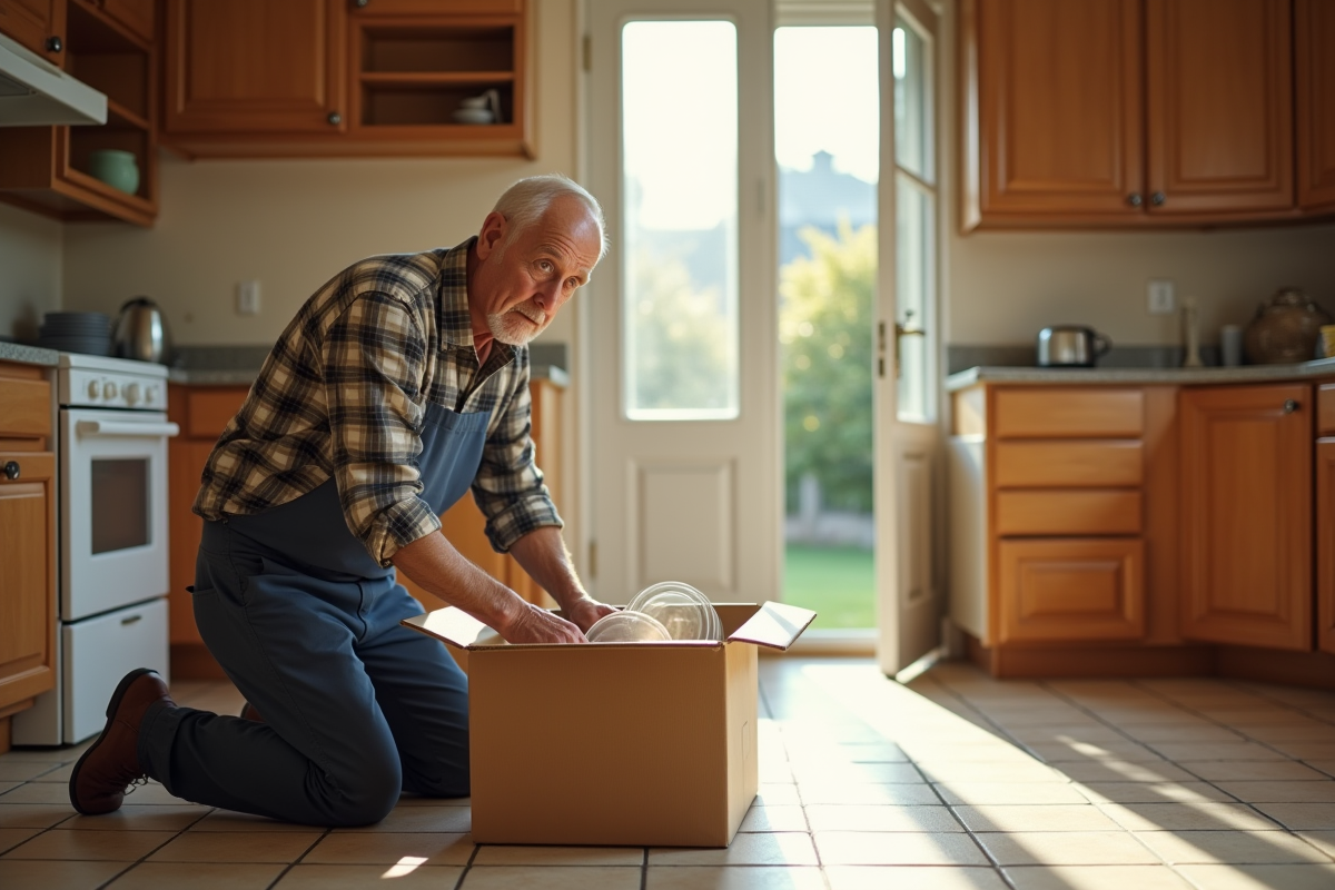 Homme emballant de la vaisselle dans une cuisine ensoleillée