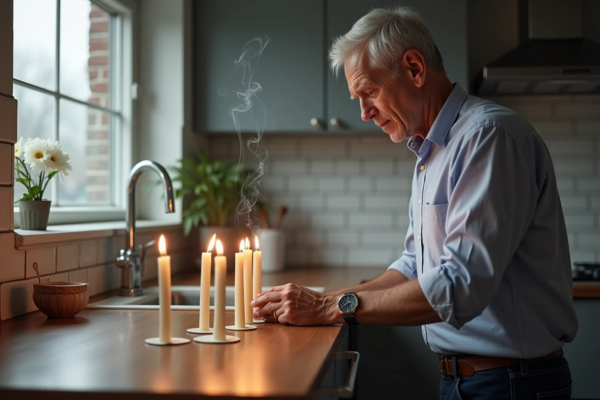 Homme soufflant sur des bougies dans la cuisine moderne
