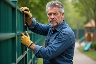Homme attachant un fil fourré à une clôture de jardin en plein air