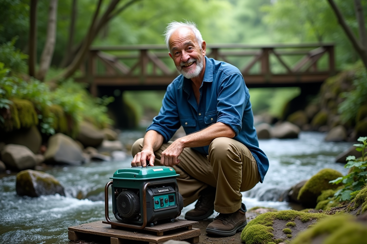 Homme âgé ajuste un générateur hydroélectrique au bord d
