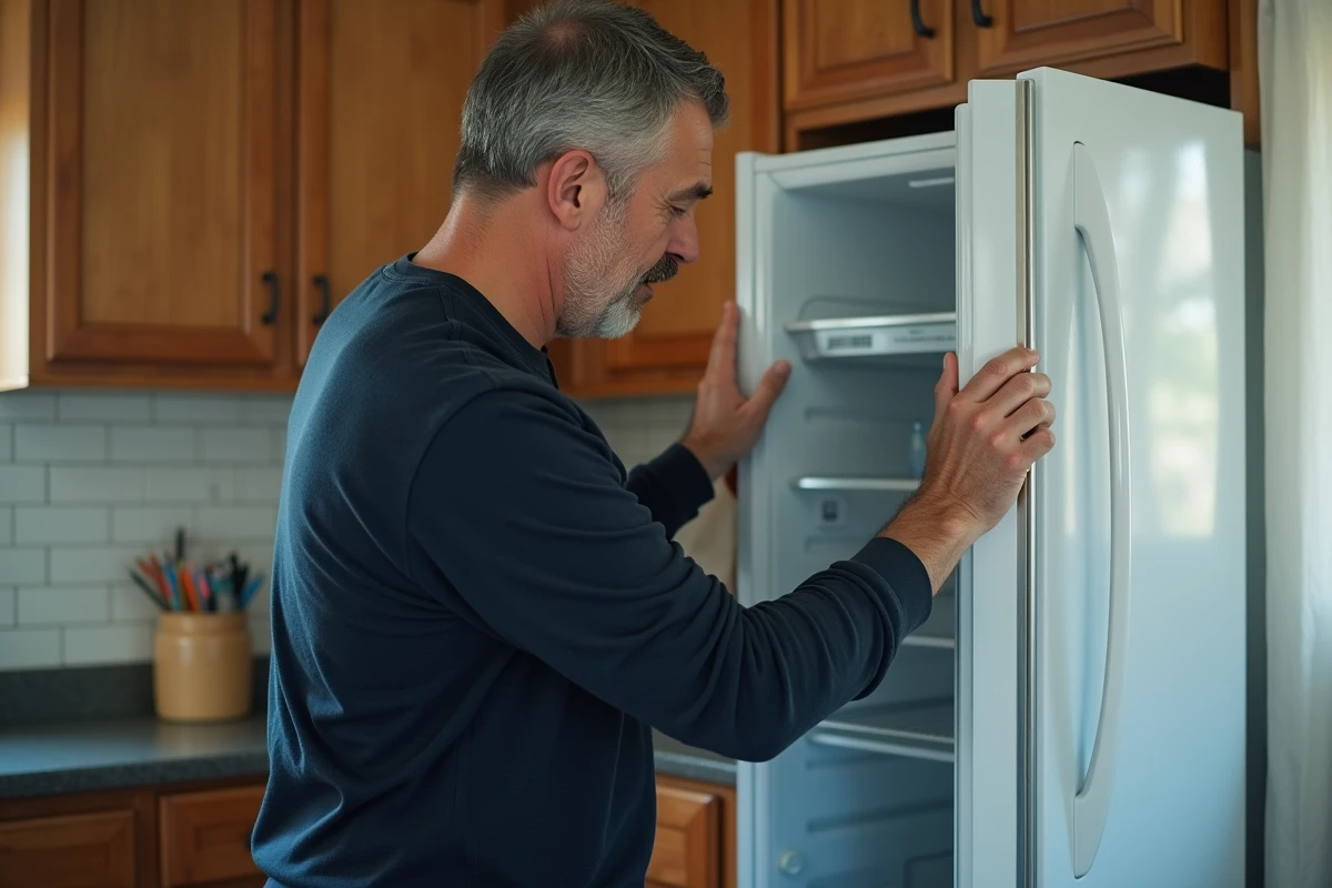 Homme inspectant l'intérieur d'un réfrigérateur bruyant dans une cuisine de banlieue