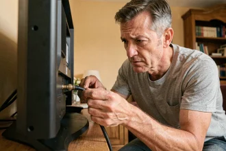 Homme inspectant une prise coaxiale derrière un téléviseur dans un salon