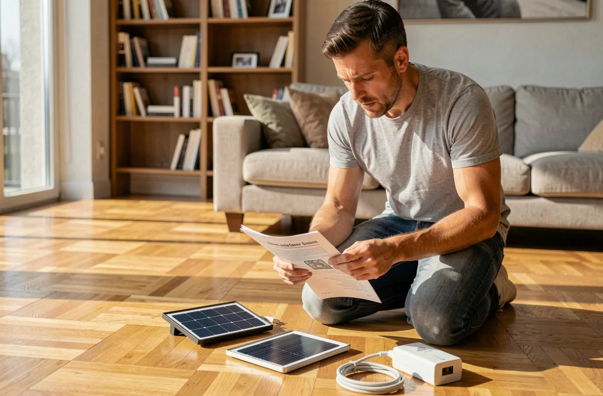 Homme lisant le manuel d'installation du kit solaire Beem dans son salon moderne