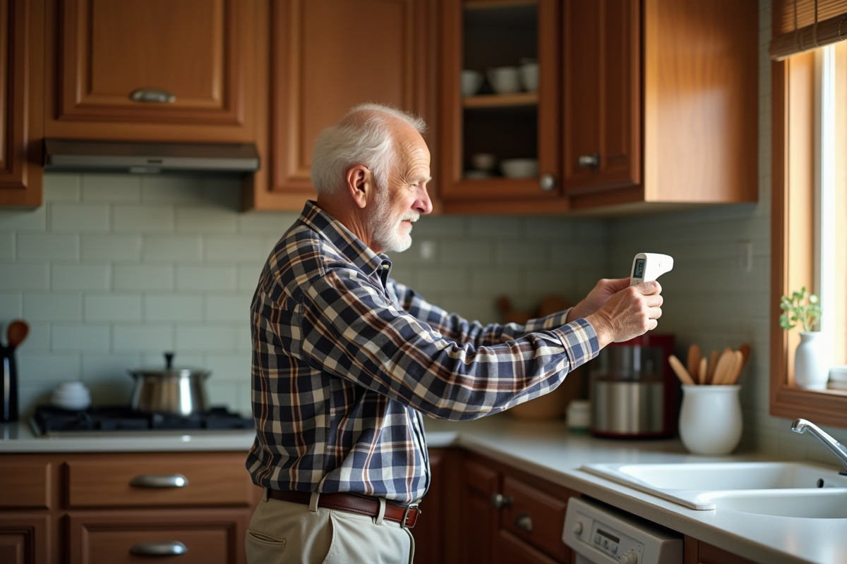 Homme âgé installant un thermometre dans une cuisine chaleureuse