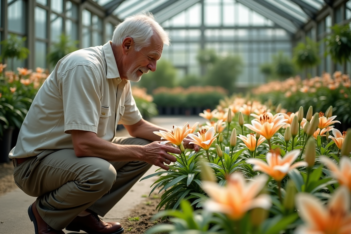 Homme âgé examinant des lys dans une serre botanique
