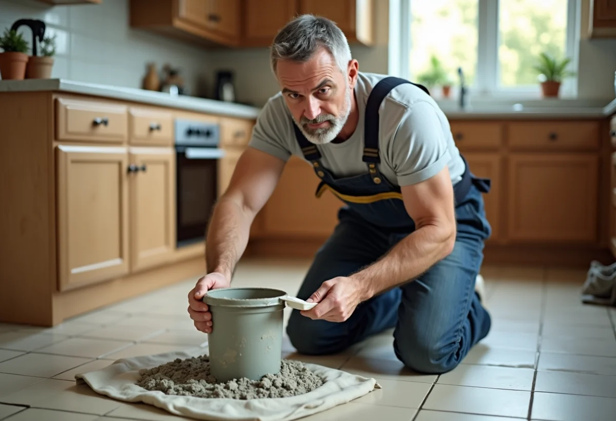 Homme en overalls posant du mortier sur une spatule dans une cuisine