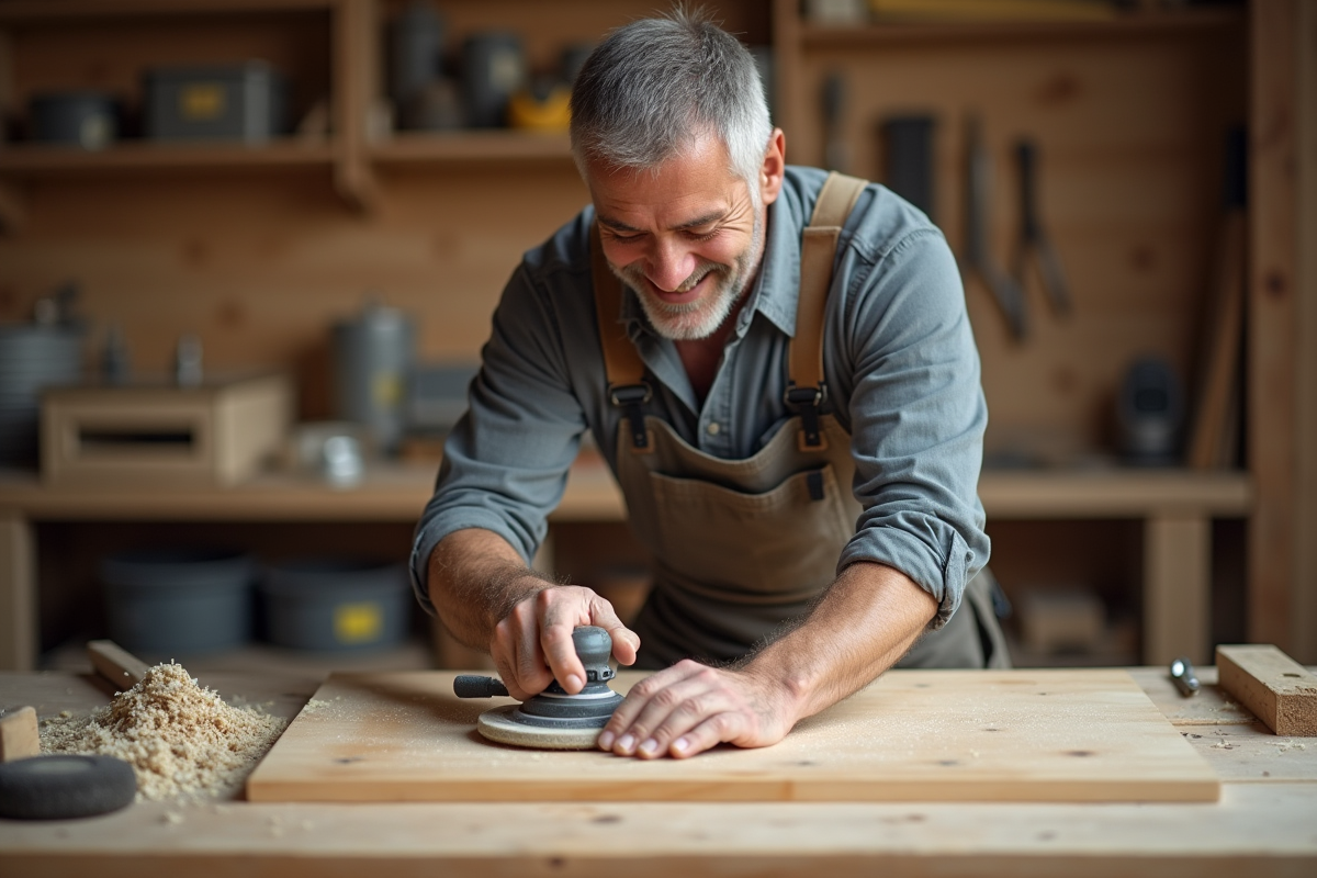 Homme en overalls ponçant un plateau en bois dans son atelier