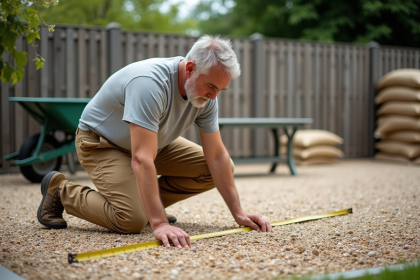 Homme mesurant une surface extérieure avec un ruban