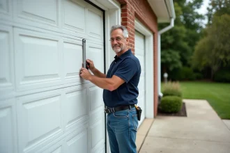 Homme mesurant une porte de garage blanche en extérieur
