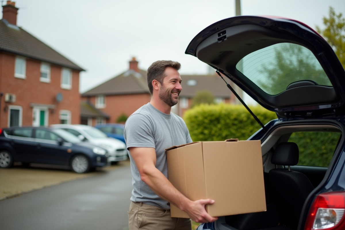 Homme soulevant une boîte dans le coffre d