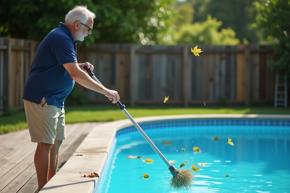 Homme avec un filet pour nettoyer une piscine hors sol