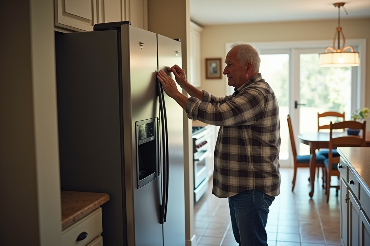 Homme âgé nettoyant un réfrigérateur dans la cuisine