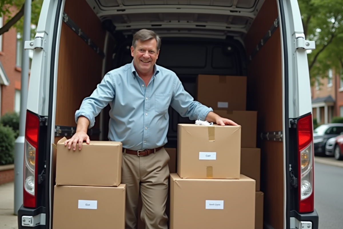 Homme organisant des cartons dans un camion de déménagement