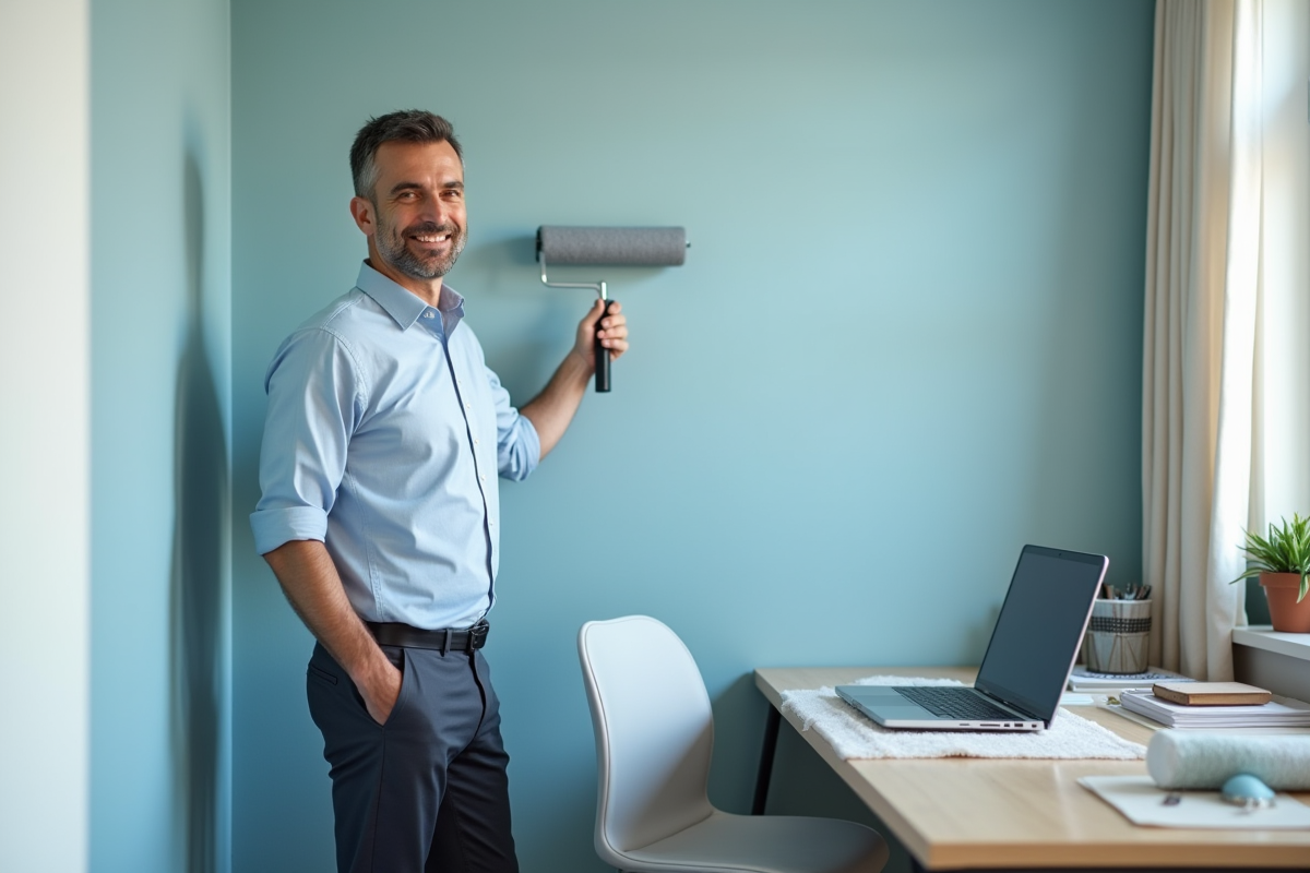 Homme peint un mur en bleu dans un bureau lumineux