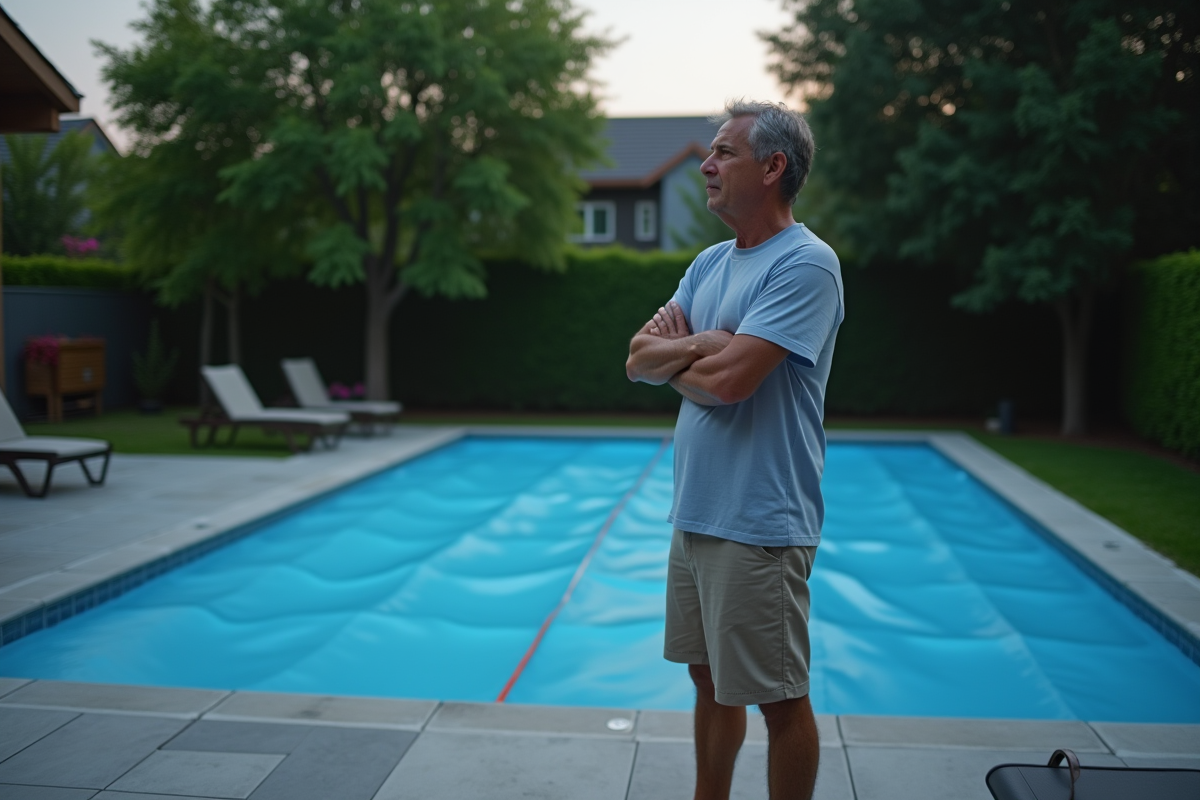 Homme d'âge moyen regardant la piscine couverte la nuit