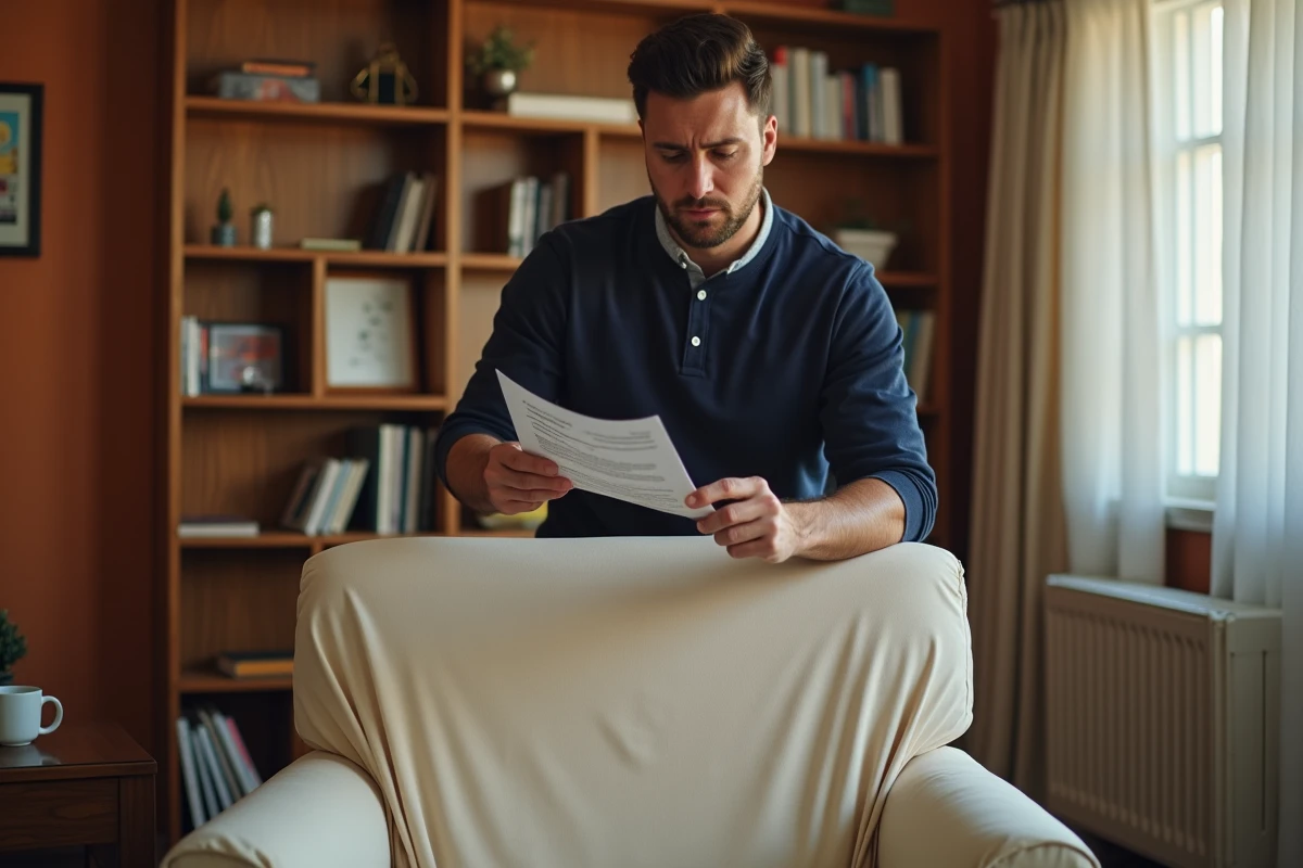 Homme examinant une housse extensible mal ajustée sur un fauteuil, tissu affaissé à l'arrière et surplus de tissu au sol