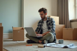 Homme compare des astuces de renovation avec son laptop